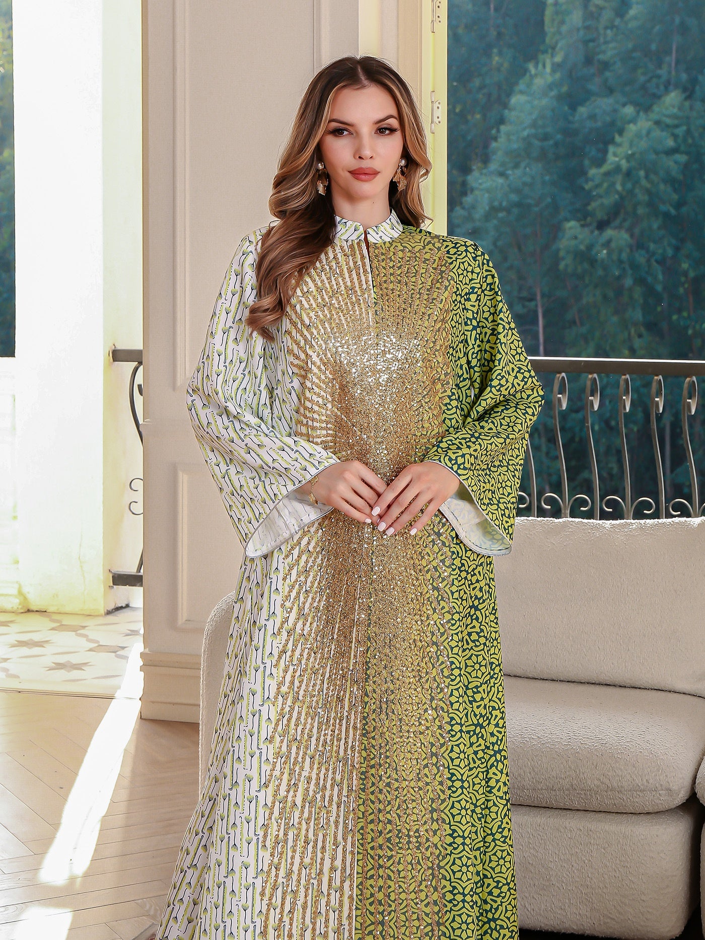 Summer Muslim Spliced Beaded Long Robe Middle Eastern Dubai Abaya Printed Maxi Dress