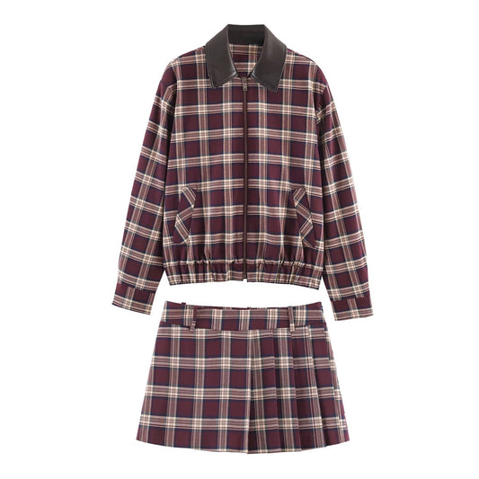 Leather pilot jacket+skirt and pants set