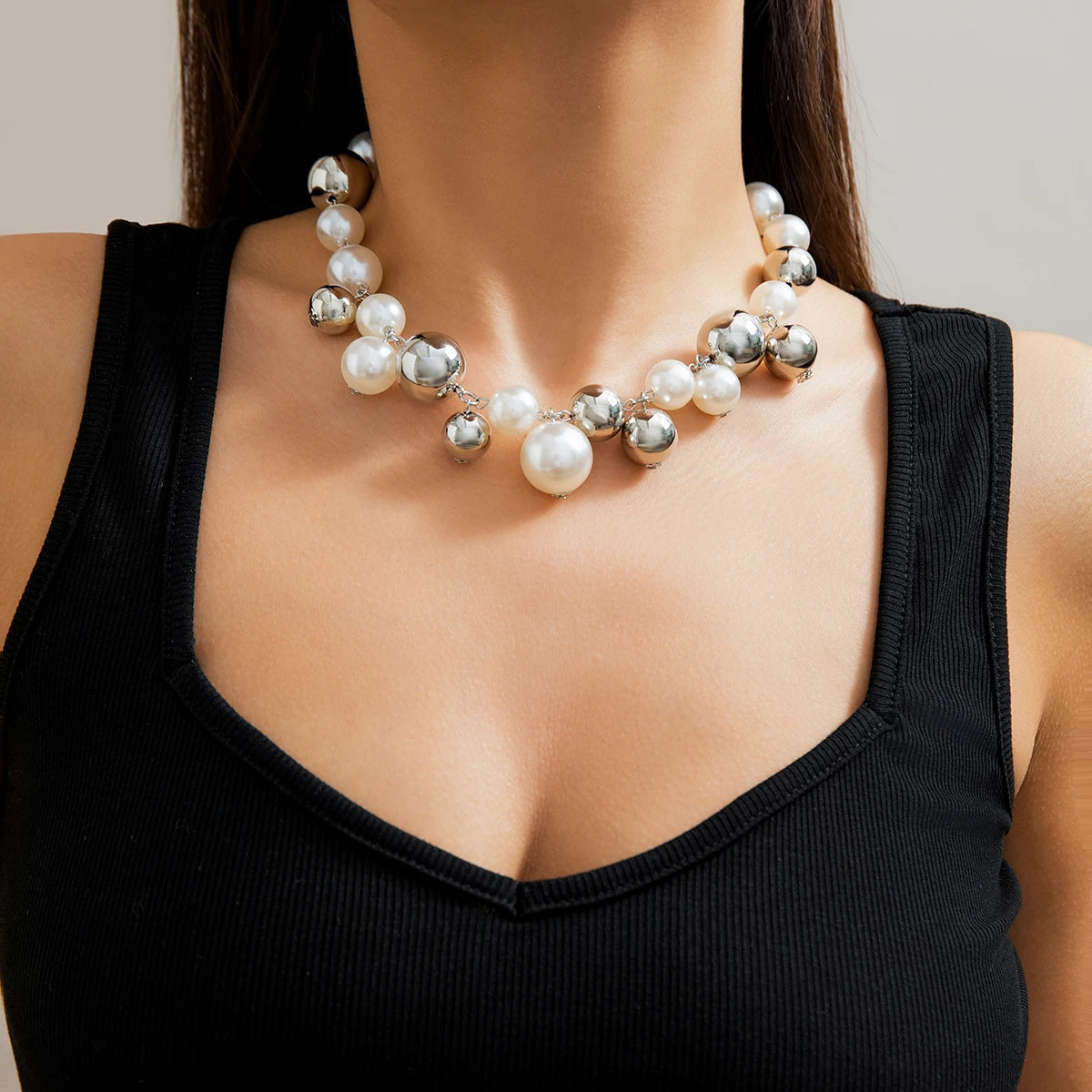 Trendy Imitation Pearl CCB Beaded Necklace for Women Chunky Neck Chain Collar