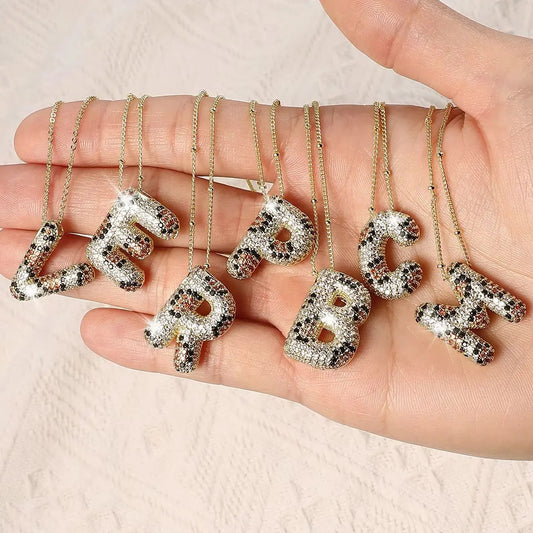 New Leopard Bubble Letter Necklace Gold Plated Chunky Bubble Zircon 26 Initial Pendant Necklace Women Fashion Jewelry